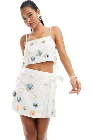 ASOS Minirok met linnenlook en 3D-versiering in naturel, deel van co-ord set