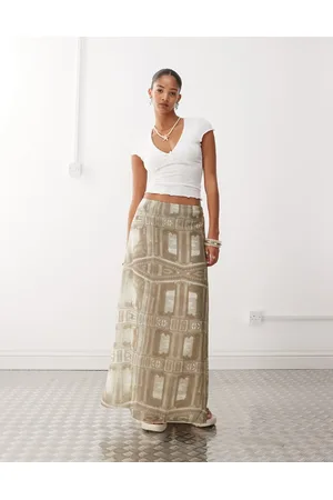 Monki Doorschijnende maxirok met renaissance print in kaki