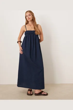 ASOS Aangerimpelde maxi jurk van zachte denim met aangerimpelde buste