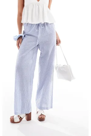 Pull&Bear Rustieke broek met wijde pijpen in ecru en marineblauwe strepen