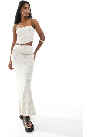 ASOS Schuingesneden gestreepte maxi rok van linnenmix in naturel, deel van co-ord set
