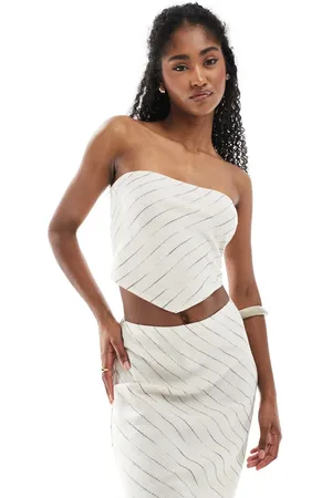 ASOS Bandeautop van linnenmix in naturel strepen, deel van co-ord set