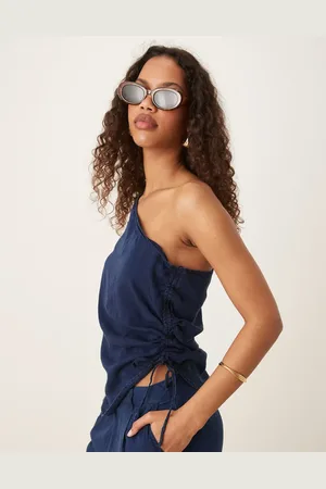 MANGO Top van zacht denim met blote schouder en bandje in de taille in indigo, deel van co-ord set