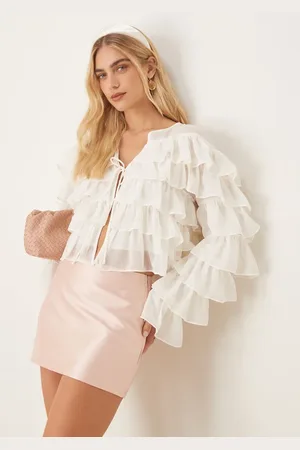 Gina Tricot Cropped blouse met lange mouwen, ruches en gestrikte voorkant in gebroken