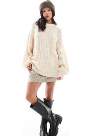 Brave Soul Petite - Oversized gebreide kabeltrui in crème