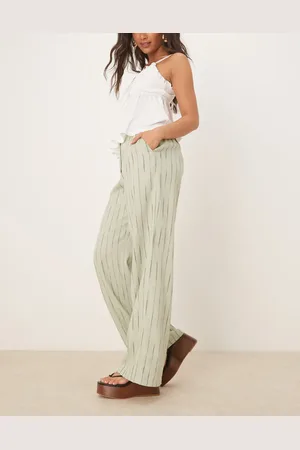 ASOS Gestreepte ruimvallende broek van linnen met rechte pijpen in saliegroene strepen
