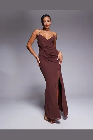 ASOS Maxi jurk met overslag aan de voorkant en versierde bandjes in chocoladebruin