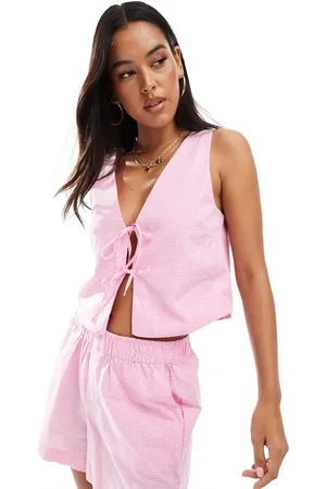 ONLY Top met gestrikte voorkant in gingham ruit, deel van co-ord set