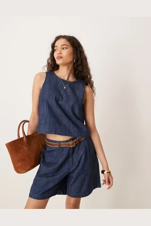 MANGO Cropped top van zacht denim in indigo