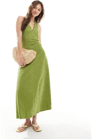ASOS Midi halterjurk met broderie in olijfgroen