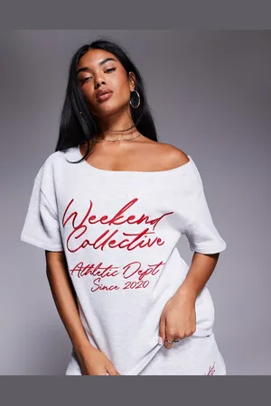 ASOS Weekend Collective - Sweater met blote schouders en gekrabbeld logo in gemêleerd en rood, deel van co-ord set