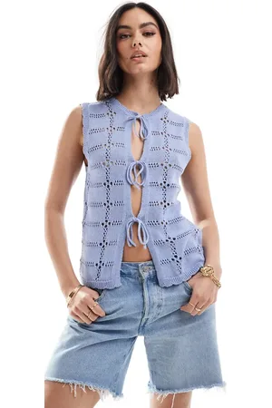 Object Gebreide top met gestrikte voorkant in pastelblauw