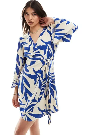 JDY Kimono-jurk met overslag en blauw palmprint
