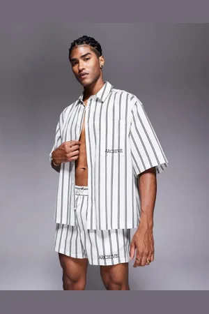 ASOS Recht oversized gestreept overhemd met borduursel op de borst in stone, deel van co-ord set