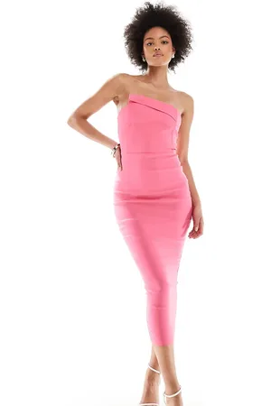 Vesper Asymmetrische bodycon midi jurk van bengaline met bandeau-halslijn in
