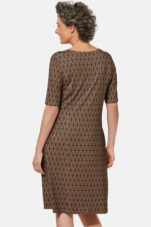 GOLDNER Elastische jersey jurk met modieuze print - / camel - Gr. 40 van
