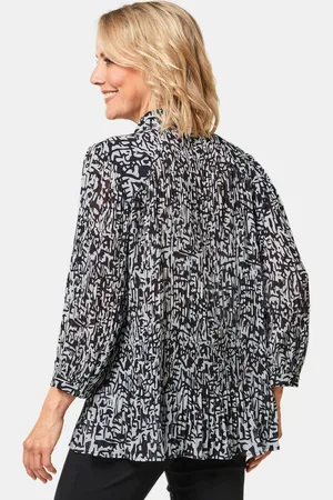 GOLDNER Plisséblouse met strik - schwarz / weiß / gedess. - Gr. 19 van