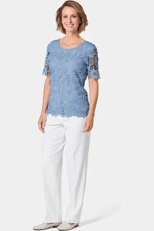 GOLDNER Feestelijke blouse van chic kant - lichtblauw - Gr. 19 van