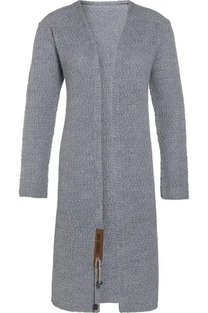 Knit Factory Luna Lang Gebreid Vest - Gebreide dames cardigan - Lang vest tot over de knie - Lichtgrijs damesvest gemaakt uit 30% wol en 70% acryl - 40/42