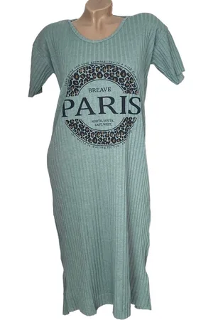 Merkloos Dames katoenen nachthemd 3406 rib jersey korte mouw L groen