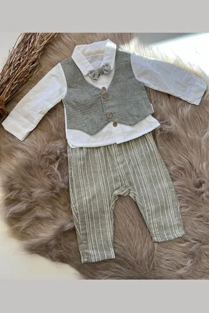 Merkloos Luxe drie delige katoenen set- hemd, broek, vastgenaaide gilet,vlinderdas- linnen/katoenmix-lichtgroen-feestoutfit-bruiloft-fotoshoot-verjaardag-doopsel-12 tem 18 maanden maat 80