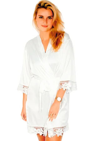 Merkloos Moondrops - Kimono dames - L/XL - 100% Satijn met kant - Bruiloft - Bride - Ochtendjas - Badjas - Cadeau voor haar