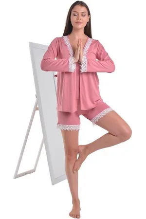 Merkloos Dames Katoen Pyjama | 4-delige set | Katoen nachtkleding | Katoen nachthemd | Elegant Katoen Ochtendjas | Cadeau voor dames | kleur: | maat: XL(42)