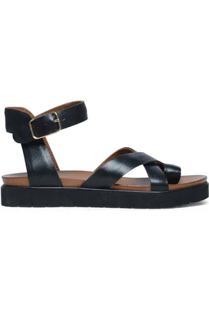 Manfield Dames - Zwarte leren plateau sandalen met gespsluiting
