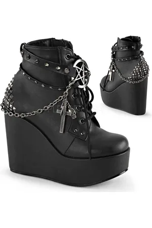 Demonia Poison-101 Ankle wedge boots with chain and charms black matt - (EU 40 = US 10)