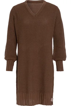 Knit Factory Robin Dames Jurk - Gebreide Trui Jurk - Wollen jurk - Herfst- & winterjurk - Wijde jurk - V-hals - - 40/42 - Knielengte
