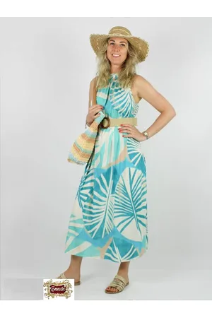 Merkloos Halterjurk - Maxi - Porto - Turquoise Ecru - One Size (