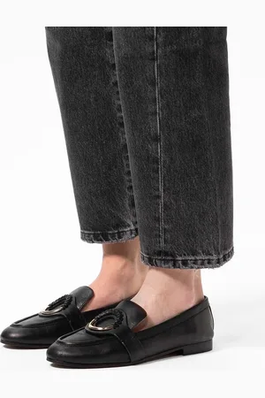 Manfield Dames - Zwarte leren loafers met goudkleurig detail