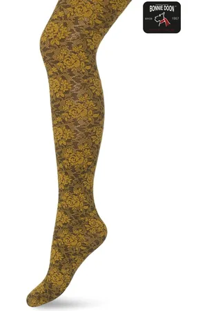 Bonnie Doon Panty met Kant 60 Denier Geel Dames maat 36/38 S - Kanten Bloem Motief - Tekent Niet - Bloemen Print - Chique Bloemenprint - Gladde Naden - Maximaal Draagcomfort - Oker Geel - Goud - - BN251966.302