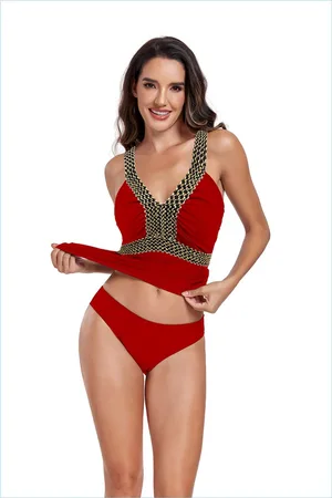 Merkloos Tankini-badpak voor dames/grote maten zwempak met V-hals/sexy bikini-cover-up, XL