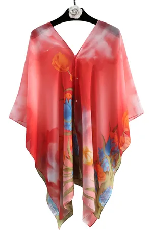 Emilie Scarves Strandjurk - strand poncho - bloemenprint - koraalroze