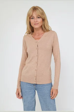 Merkloos Dames vest Astrid effen licht bruin kort model met 6 knopen lange mouwen
