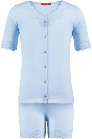 Hanssop Exclusief Luxueus Kinder nachtkleding Luxe mooie zacht blauwe Girly Shorty Pyjama Set van met verfijnde kant details, Meisjes shorty pyjama, licht , maat 116