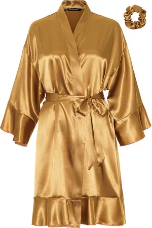 Merkloos Satijnen kimono ruffle – kort model dames kimono – satijnen ochtendjas – satijnen kamerjas – negligé – onesize (36-42) – 100% satijn polyester – Satin Luxury – trendy kimono badjas – satijnen damesbadjas met ruffles – GRATIS haar crunchie