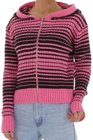 Merkloos Dames Pullover-vest capuchon gestreept roze-zwart