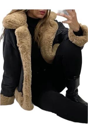 Merkloos Dames Zwart Spijker-Denim Jack-Jas Faux Fur