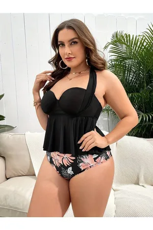 Merkloos Tankini- Grote Maten Push-up Sexy Tankini set- 2-delig Dames Plus Size Halter hals Backless Peplum korte Beugel Cami-top en Bloemenprint Broekje- Badpak Zwempak Bikini Zwemkleding Strandkleding 146-