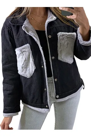Merkloos Dilena fashion spijker jack faux fur zwart grijs