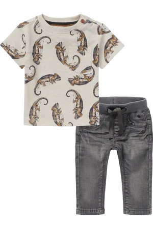 Noppies Kledingset - 2delig - Jeans Grey denim - shirt oatmeal met print