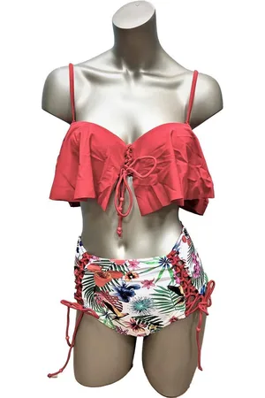 Merkloos Dames ruffle-Ruches bikini set -push up | blomen-print - high waist / hoge taille broekje_ROOD_46