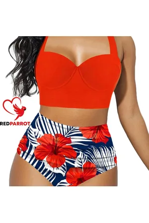 Merkloos Push up bikini set Red Flowers - Hoge taille - Sexy look - Zwemkleding vrouwen - Bloemenprint - Zeer goede kwaliteit - Rood - oranje - Blauw