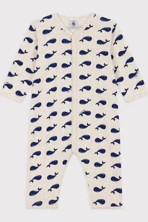 Petit Bateau Katoenen pyjama zonder voetjes met marineblauwe walvisjesprint Unisex Pyjamaset