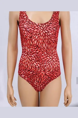 Merkloos Badpak dames- Casual Felle kleur Zwempak dames- Badmode Bikini Badkleding Zwemkleding Strandkleding 429- Rood met bloemendetails