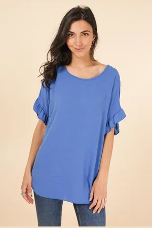 Merkloos T shirt -Tuniek met rufles mouw| dames | blauw