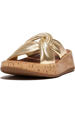 FitFlop F-Mode Leather-Twist Flatform Slides (Cork Wrap)