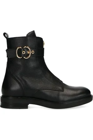 Manfield Dames - Zwarte leren biker boots met gesp